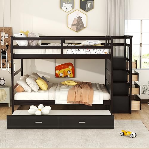 Image of Harper & Bright Designs Full Over Full Bunk Bed with Storage, Wooden Bunk Bed with Trundle and Staircase - Espresso