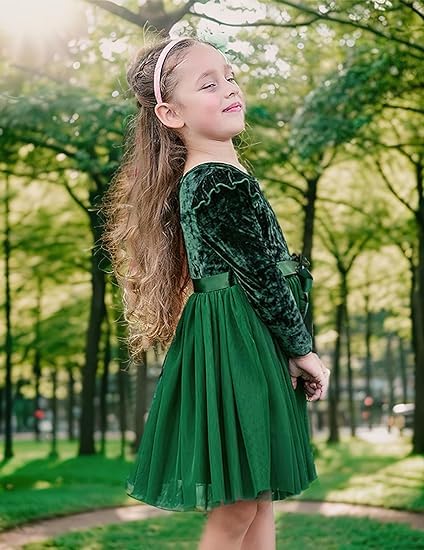 UNICOMIDEA 1-6T Toddler Velvet Dress Little Girls Tutu Tulle Crewneck Long Sleeve Holiday Party Fashion Dresses4