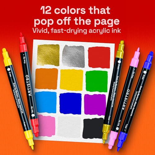 Image of ARTISTRO 12 Precision Dual-Tip Acrylic Paint Markers - Paint Pens Set with Dot & Fine Tips for Fabric, Rock, Glass, Wood, Coloring Books - Arts & Crafts Gift - Classroom Must Haves & School Supplies