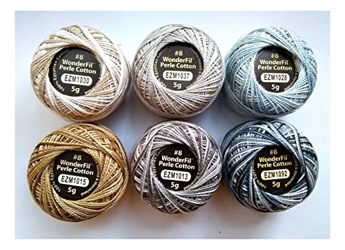 WonderFil Eleganza Size 8 Perle Cotton Embroidery Thread ''Nice and Neutral Sampler Set - 6 Colors, 42 Yards Each, Multi