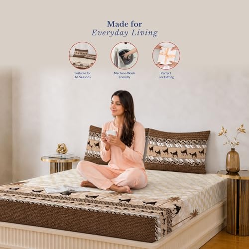 Image of Jaipur Weaves Bedsheet King Size 100% Pure Cotton Bed Sheet with 2 Pillow Covers, 300 TC Premium Bedding Set, 72x78 inches, Soft Breathable Camel Design Bedding (Amber Desert, Super King Fitted)
