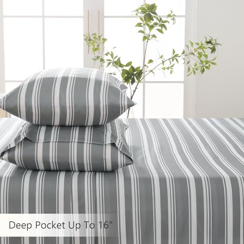 Image of MCO 4Pieces Striped Sheets Set, Breathable Queen Sheet Set with 16 inch Deep Pocket,Modern & Luxury, Brushed Microfiber Bedding Set(Queen, Gray)