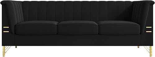 Miniatura 9 de Sofá de terciopelo moderno de mediados de siglo, sofá negro dorado de 83 pulgadas con patas de metal dorado, cómodos sofás para sala de estar y