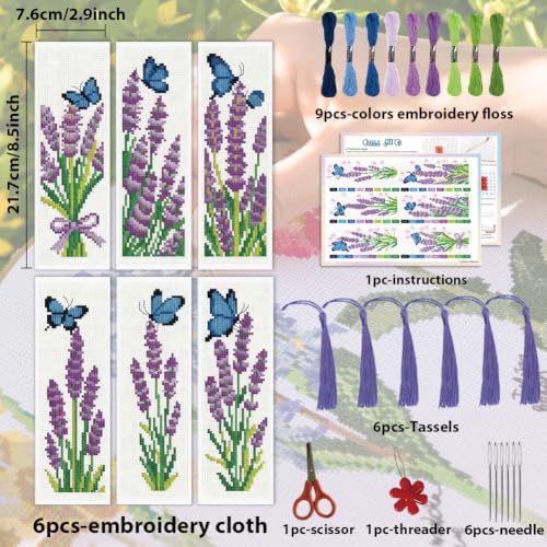 Image of ACRNIGHEET 6PCS Cross Stitch Bookmark Kit for Beginner Stamped Cross Stitch Kits for Adults Lavender DIY Tassel Embroidery Bookmark Kits Needlepoint Kit with Instructions Craft Gift 8.5''x3'' 11CT
