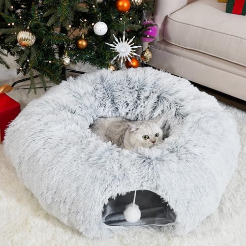 OOZAZEMM Cat Tunnels for Indoor Cats, Cat Tunnel Bed with Washable Cushion, Cat Tunnel Christmas Tree Skirt, Collapsible Donut Tunnel for Medium & Large Cat, Peekaboo Cave Toy, Gray