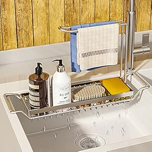 WeChip spülbecken organizer,spülbecken halter,spülgestell waschbecken organizer küche,teleskop spülenhalter Organizer Edelstahl,Schwammhalter,Seifenhalter,Geschirrtuch-Aufhänger,Abtropfgestell.