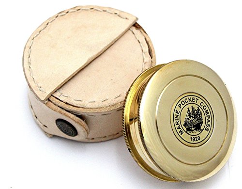 Brújula de bolsillo de latón con estuche de cuero miniatura 1