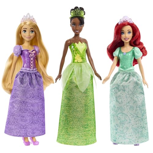 Mattel Disney Princess - Set di 3 bambole con abiti scintillanti e accessori inclusi, Ariel, Repunzel e Tiana con i look ispirati ai film Disney, giocattolo per bambini, 3+ anni, HLW45