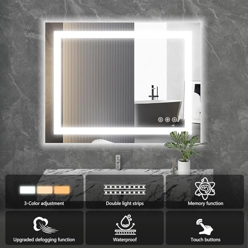 Image of NEWBULIG 24 inchx 32 inch LED Bathroom Mirror with Lights, Anti-Fog | Lighted Bathroom Vanity Mirror for Wall, Memory Function, Dimmable, Tempered Glass, Shatter-Proof