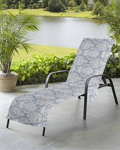Beach Pool Patio Lounge Chaise Chair Cover Towel with Pockets,Paisley Blue Absorbent & Quick Dry Microfiber Towel Cover Bag Summer Travel Accessories Ethnic Mandala Native American Indian Floral