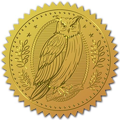 CRASPIRE 2" Gold Foil Sticker Owl 100pcs Certificate Seals Gold Embossed Round Embossed Foil Seal Stickers for Envelopes Invitation Card Diplomas Awards Graduation