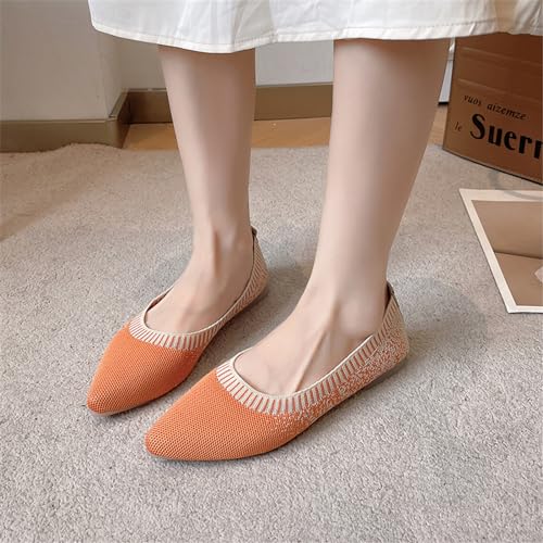 Women's Pointed Toe Knit Flats Shoes Slip on Ballet Flats Comfortable Dress Shoes for Women(8.5,1-Orange)