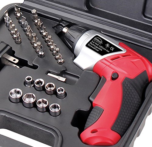 Apollo Tools DT4944 3.6 volt Lithium-Ion Rechargeable Screwdriver with 45 pc Accessory Set, Red