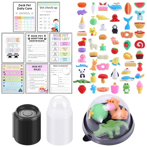 Fullhawl 138 Pcs Mini Animal and Food Erasers Bulk Desk Pet Shop Set for Classroom Include 100 Pcs Fun Animal Erasers 30 Desk Pet Containers and 8 Cards for Student Classroom Rewards Party Favors