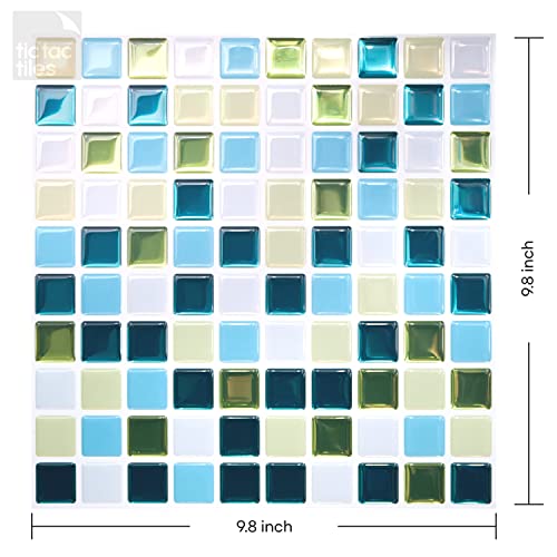 Tic Tac Tiles Peel And Stick Self Adhesive Removable Stick On Kitchen Backsplash Bathroom 3D Wall Sticker Wallpaper Tiles In Small Square Designs (Vetro Aqua & Glassy Peacock) (10, Glassy Peacock) #TOP1