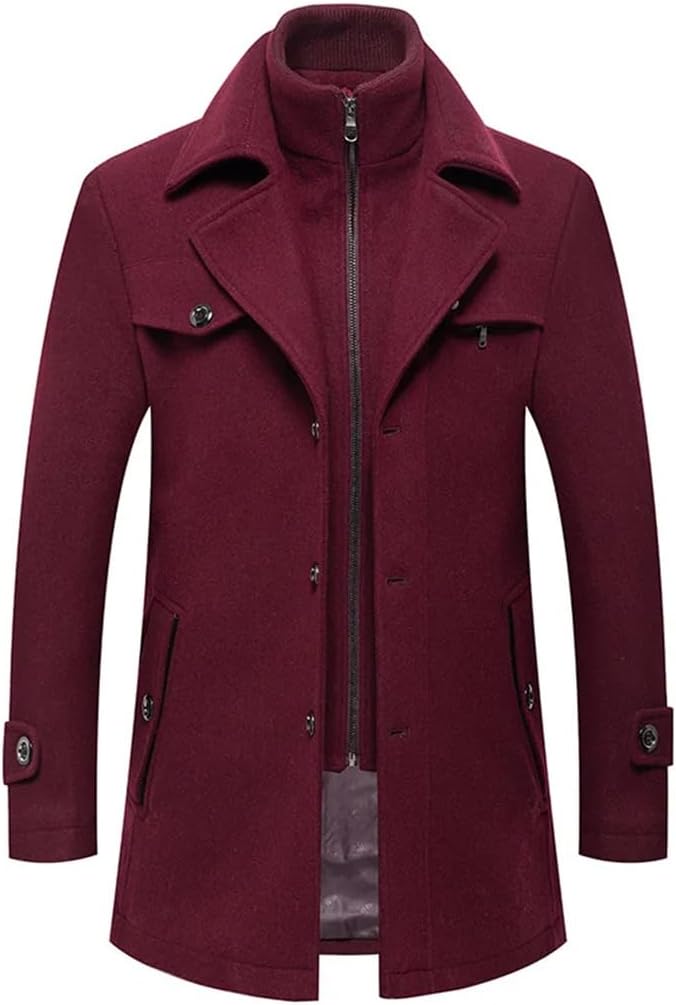 Dninmim Men's Slim Fit Wool Trench Coats Middle Long Outerwear Double Collar Zipper Solid Casusal Jacket