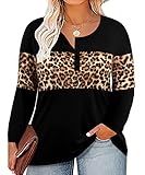 CARCOS Plus Size Tops For Women 5X Leopard Print Henley Shirts Buttons Up Fall Tees Black Long Sleeve Tunics Casual Color Block Blouses 5Xl 26W 28W