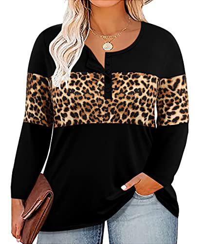Image of CARCOS Plus Size Tops for Women Long Sleeve Fall Tunic Color Block Camo /Plaid /Leopard /Fall Blouse Crewneck Tshirt XL-5XL