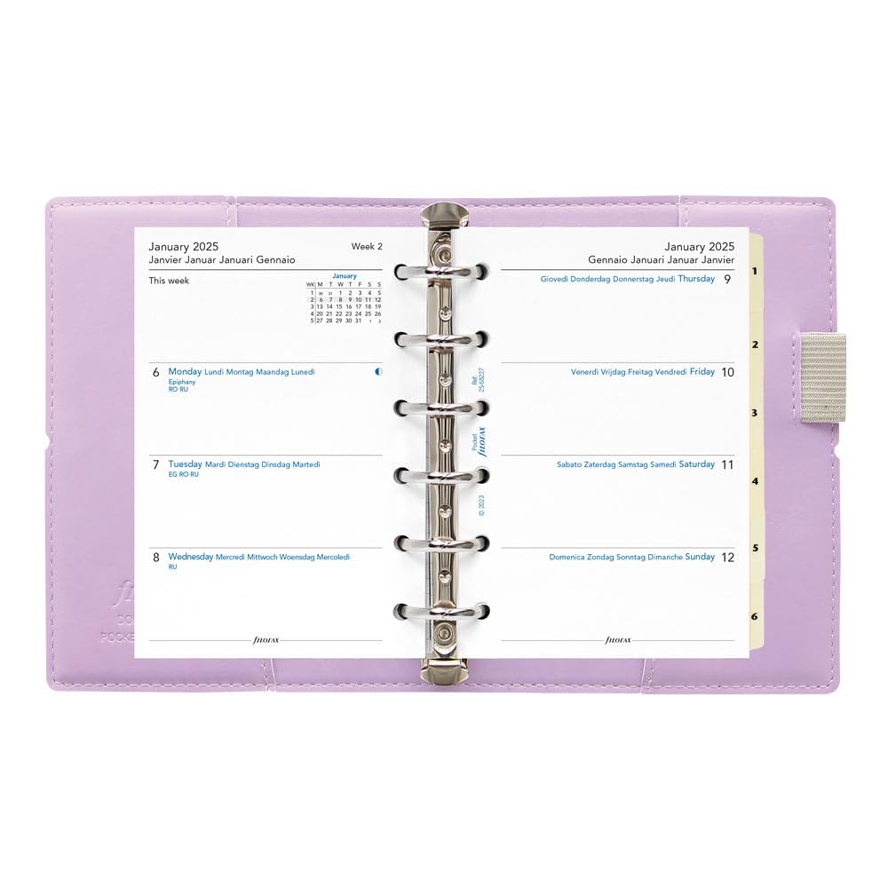 Filofax Domino C022609-25 - Agenda settimanale 2025, formato tascabile, formato tascabile, liscia, effetto pelle, effetto grana, tattile, a sei anelli, visualizzazione settimanale, multilingue