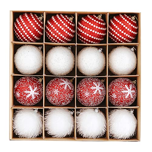 Christmas Tree Ball Ornament Set 16Pcs 80Mm/3.15Inch Red White Glittering Shatterproof Foam Christmas Ball Ornaments Xmas Tree Decor Holiday Decoration #TOP6