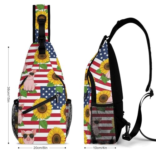 Men's Ultra Lightweight Sling Backpack, Anti-Theft Shoulder Crossbody Bag for Travel Workout, American Sunflower Flag Pig Daypack Bags2