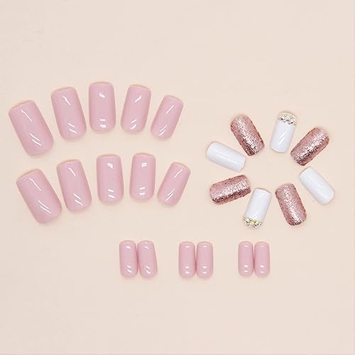 Miniatura 2 de Z656 - Uñas postizas cuadradas a presión con punta francesa corta y media, uñas postizas con diseño de diamante blanco y rosa con purpurina, uñas