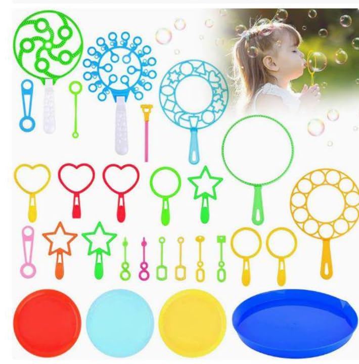 28Pcs Bubble Wands Set with Trays, Assorted Shapes Large Bubble Maker Wand Kit, Outdoor Giant Bubble Toys for Kids, Summer Party Favors Birthday Garden Beach Backyard Activity Toys