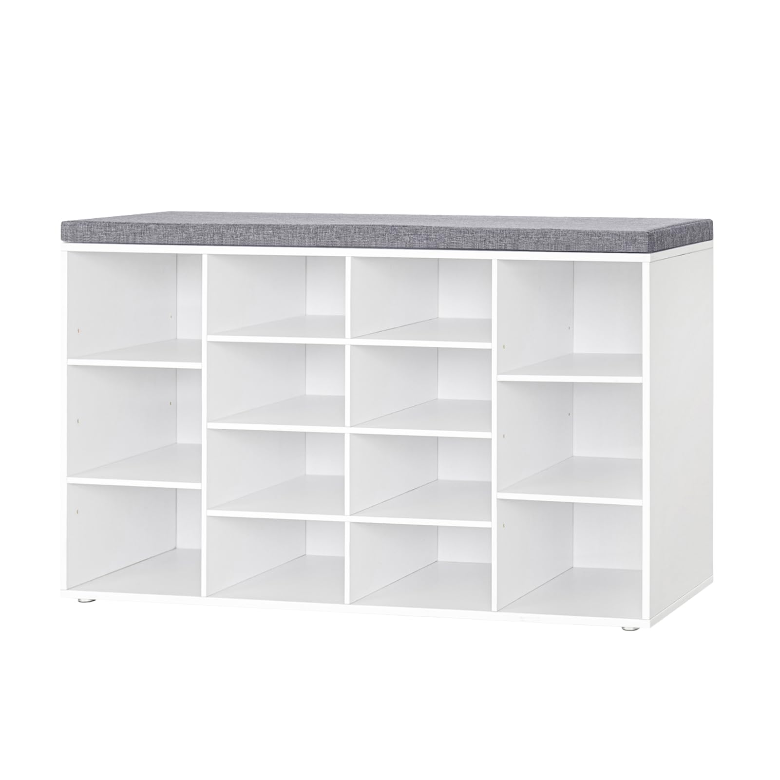 DINZI LVJ Shoe Storage Bench with Cushion, 14-Cubby Shoe Rack, Adjustable Shelves, Multifunctional Shoe Organizer Bench for Entryway, Mudroom, Hallway, Living Room, Bedroom and Garage, White