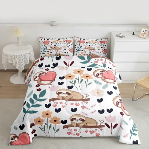 Image of Feelyou Sloth Comforter Set Queen Size, Sloth and Flowers Bedding Set for Kids Toddler Botanical Plant Bedding Set Kawaii Animal Duvet Set Durable Quilt Set