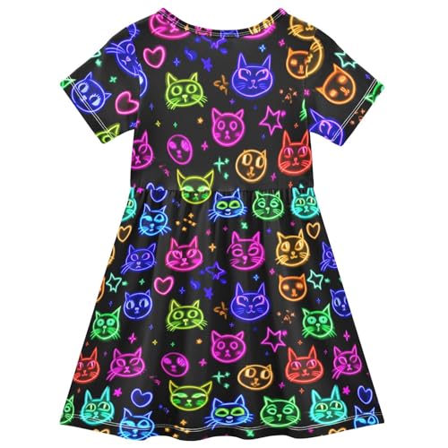 Neon Cat Starry Black Girls Summer Dress Toddler Casual Dresses Girl Short Sleeve Dress for Girls,2T2