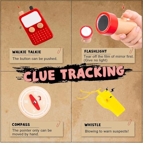 Image of Wudly Wooden Kids Detective Role Play Set - 15 Pieces Fancy Dress for Boys with Case File, Evidence Markers, Wooden Tools, and Costume Accessories, Detective Set, Costume for Kids