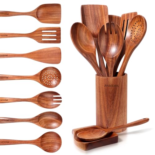 Wooden Spoons for Cooking - 9 Pcs Teak Wooden Spoon Kitchen Utensils Set, Nature Wood Nonstick Kitchen Cookware Durable, Non-Scratch, Heat Resistant, Comfortable Grip
