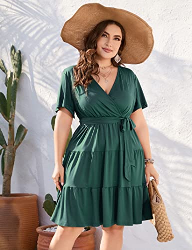 KOJOOIN Women Plus Size V Neck Wrap Dress High Waisted Short Sleeves Summer Casual Midi Dress with Belt4