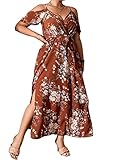 Floerns Women's Plus Size Cold Shoulder Short Sleeve Split Thigh Long Dress Rust Brown