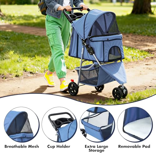 Image of Sweetcrispy 3 Wheels Pet Stroller for Small Dogs and Cats - Foldable Dog Stroller with Mesh Windows, Storage Basket & Cup Holder, Lightweight & Durable Pet Carrier for Travel, Outdoor Use, Blue