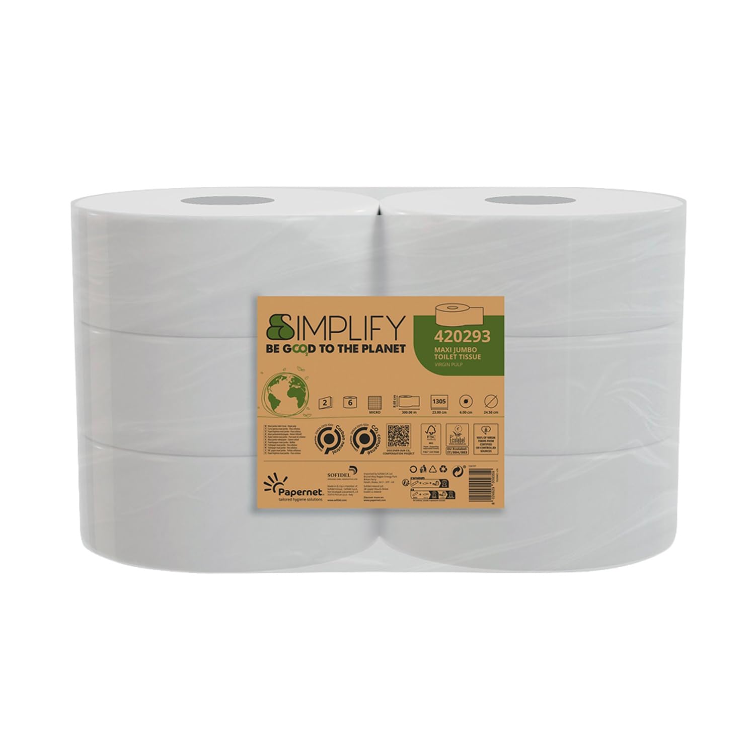 Papernet Simplify - Carta Igienica Maxi Jumbo 420293, 6 Maxi Rotoli di Carta in Pura Cellulosa da 300m Ciascuno, 2 Veli, 7.830 Servizi da 8,6x23cm, Goffratura Micro, Bianca