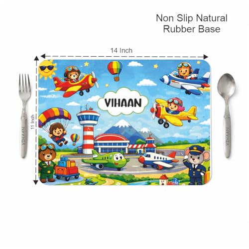 Image of Customized Table Mat with Name & Design Engraving | Personalized Dining Mat with Spoon & Fork | Customized Birthday Gift for Kids (Aeroplane)