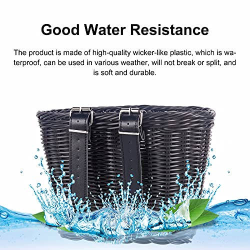 Woven Plastic Bike Baskets for Kids- Front D-Shaped Bike Bicycle Basket | Handlebar Storage Container with 2 Adjustable Leather Straps, Black