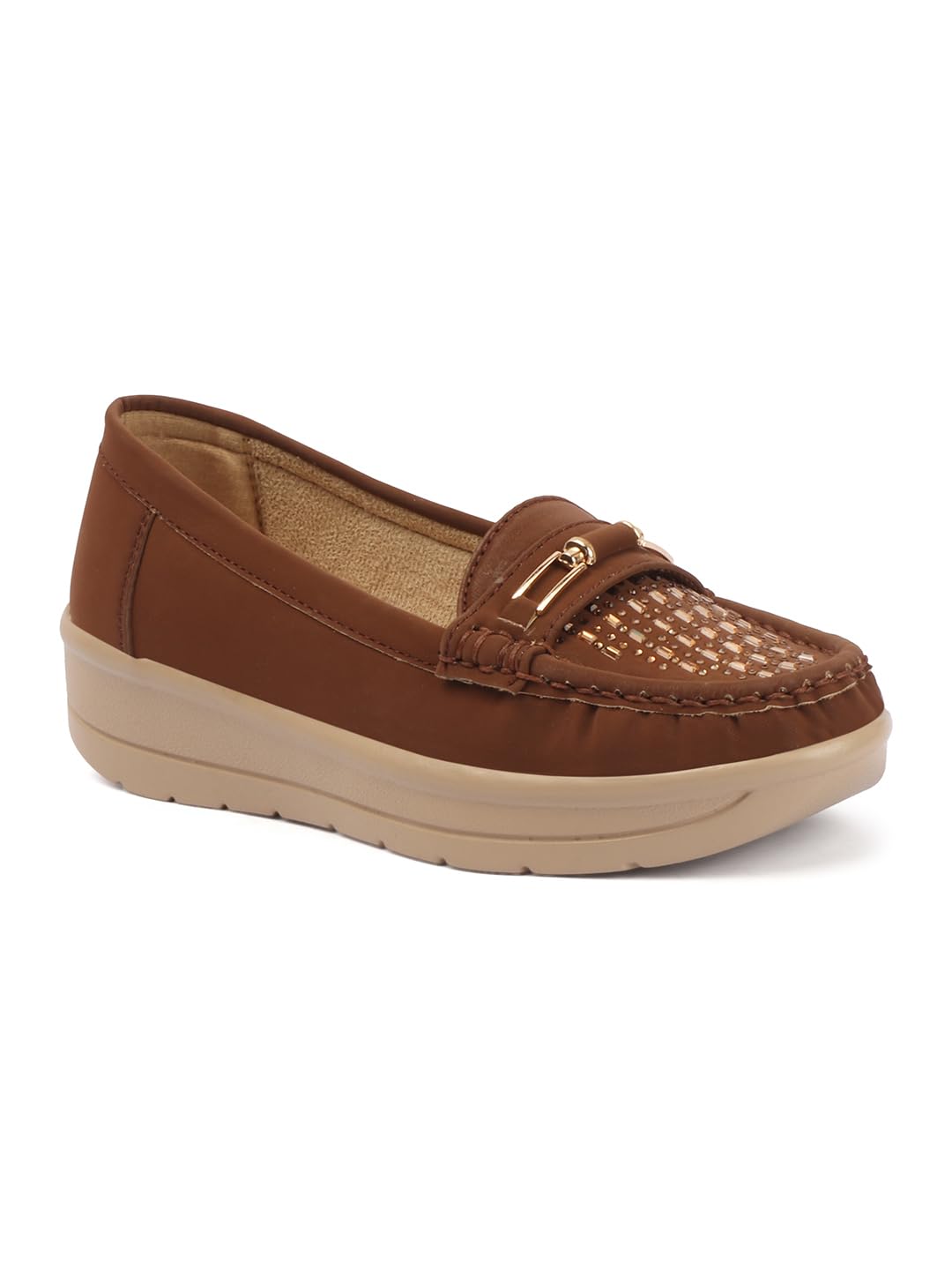 carrito Women’s Wedge Loafers with Studded Embellishment, Cushioned Insole, Slip-On Comfortable Casual Office Wear Shoes-picture-52