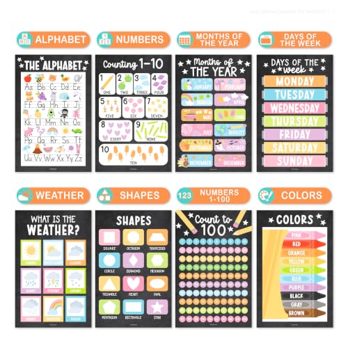 Image of Hadley Designs 16 Educational Posters for Classroom Decor - Learning Posters for Toddlers 1-3, Alphabet for Classroom Wall, Daycare Essentials, Homeschool Posters Preschool, Chalkboard Playroom Decor