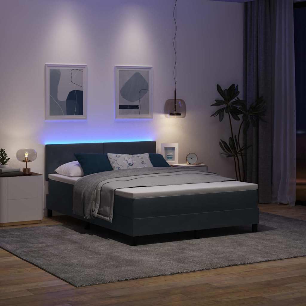 Cama con somier LED gris oscuro con cabecero de terciopelo 140 x 190 cm, cabecero ajustable, tiras LED RGB, material de madera y madera maciza, cama doble moderna para dormitorio