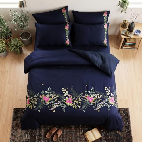Image of Embroidered Premium Bedsheet Set | 300 TC 100% Cotton 1 Queen Bedsheet Set | Extra Smoothness with Sateen Weave| Autumn Navy Bedsheet Set (1 Flat Sheet + 2 Pillow Cases)