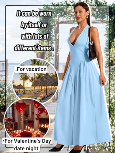 Image of ChiaoLezhee Deep V Neck Dress, Halter Maxi Dresses, Vacation Date Night, Sexy for Women Corset Flowy Wedding Guest Drop Waist