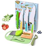 HOTUT 9 Pcs Kids Plastic Knives Set with Cutting Board & Paring Knife, Kids Knife Set for Chopping, Child Safety Kitchen Knives in 4 Sizes, Wooden Knife & Crinkle Cutter for Vegetables, Fruits, Salad