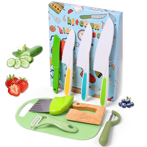 HOTUT Kindermesser Set, 9-teiliges Kinder Sicherheit Küchenmesser zum Schneiden und Kochen mit Gemüse Ausstechformen, Holzmesser Schneidebrett Schäler, Montessori kochset für Kinder ab 2 Jahren
