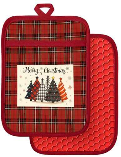 Slohif Silcone Christmas Pot Holders for Kitchen - 100% Cotton Red Cute Oven Potholders with Pockets, Heat Resistant Square Thick Hot Pads, House New Home Baking Baker Gifts,2pack
