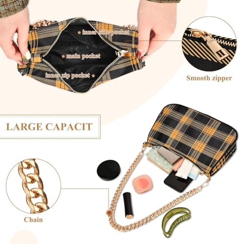 Shoulder Bags for Women Orange Black Plaid Tote HandBag Shoulder Bags purse with Chain Zipper Closure4