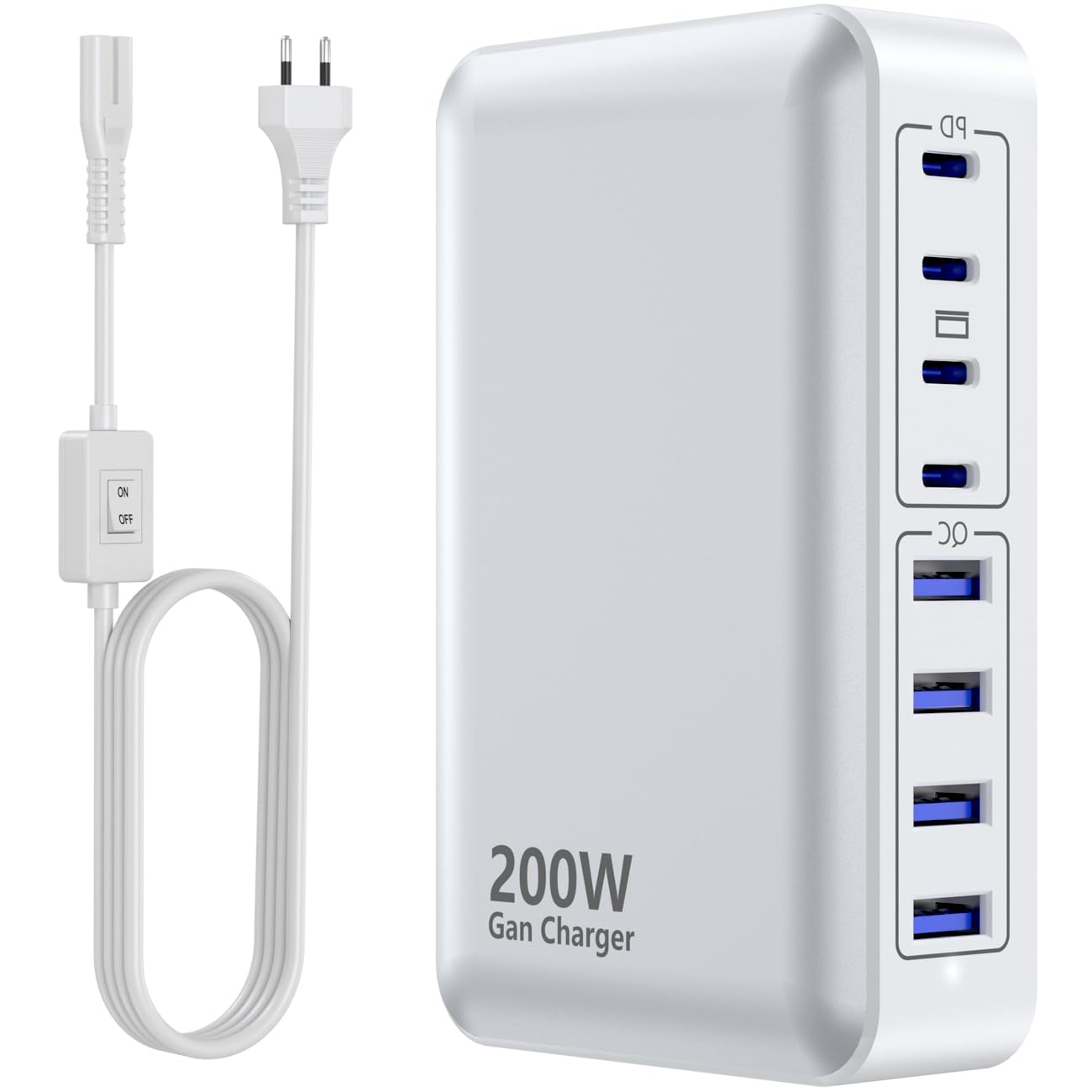 USB C Charger 200W Charger Block, Stazione di ricarica rapida a 8 porte PD 65W ON/Off Switch Adattatore per laptop compatibile con MacBook Pro/Air, iPhone 17/16/15/14, Galaxy S24 (Bianco)