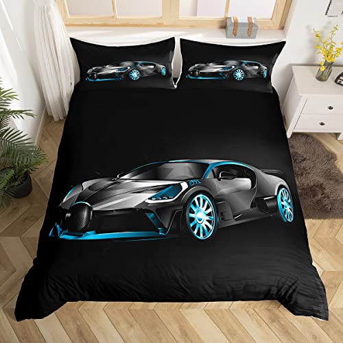 Loussiesd Racing Car Bedding Set for Boys Kids Teens Men Extreme Speed Sports Themed Comforter Cover Competition Bedroom Decor Double Size 3 Pcs (1 Duvet Cover +2 Pillow Shams)