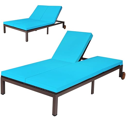 Tangkula 2-Person Patio Lounge Chair, Outdoor Rattan Double Wicker Daybed Chaise Lounge Chair with Adjustable Backrest Wheels & Cushion, Patio Sofa for Garden Lawn Backyard (Turquoise)